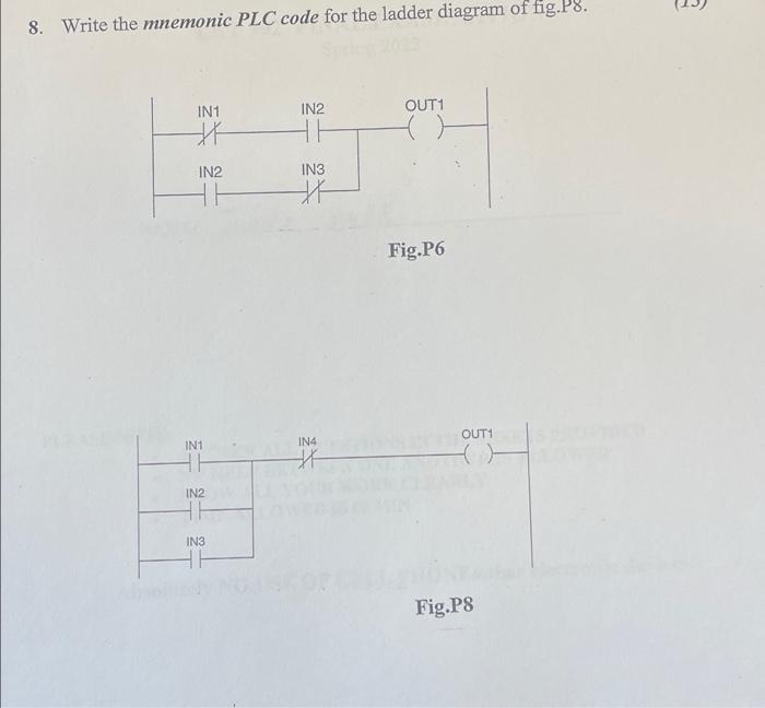 8 Write The Mnemonic Plc Code For The Ladder Diagram Of Fig P8 In1 In2 Out1 In2 In3 Hh Fig P6 In1 Hh In2 Hh In3 Hh 1