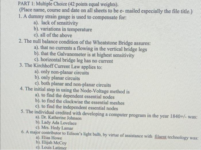 Part 1 Multiple Choice 42 Points Equal Weights Place Name Course And Date On All Sheets To Be E Mailed Especially 1