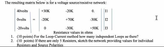 The Resulting Matrix Below Is For A Voltage Source Resistive Network 40volts 30k 20k 0 Ii Ovolts 20k 70k 30k 20v 1