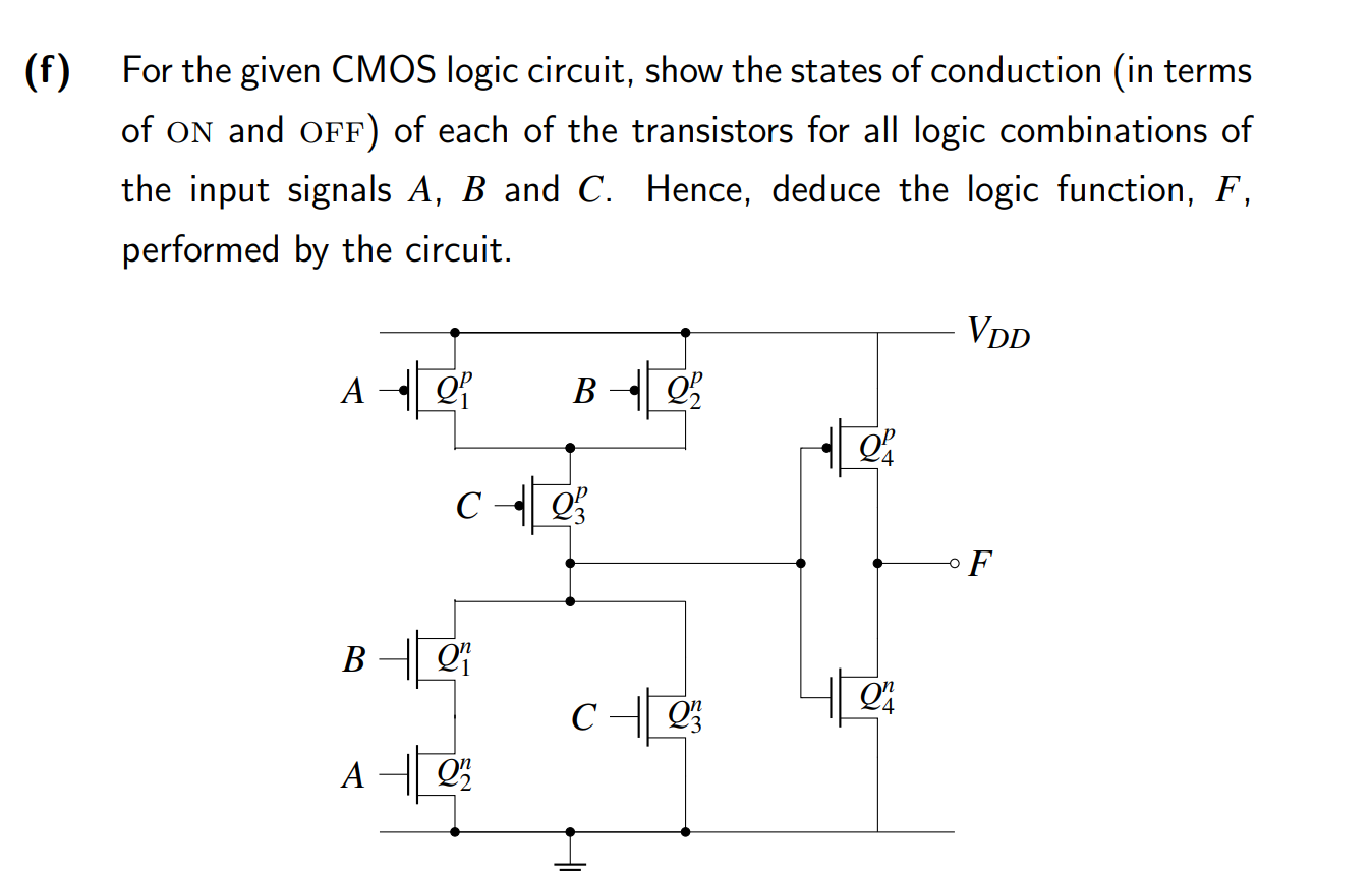 F For The Given Cmos Logic Circuit Show The States Of Conduction In Terms Of On And Off Of Each Of The Transistors 1