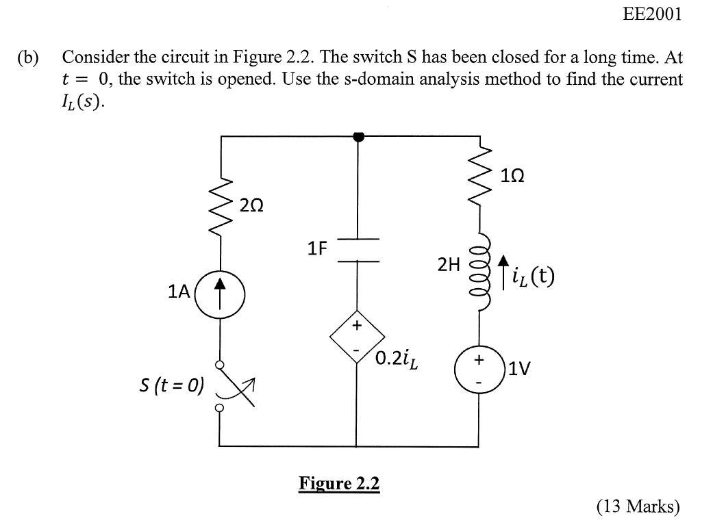 Ee2001 B Consider The Circuit In Figure 2 2 The Switch S Has Been Closed For A Long Time At T 0 The Switch Is Ope 1