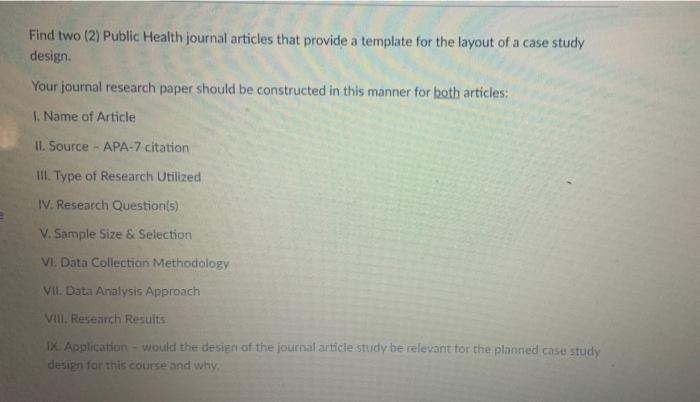 Find Two 2 Public Health Journal Articles That Provide A Template For The Layout Of A Case Study Design Your Journal R 1