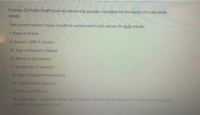 Find Two 2 Public Health Journal Articles That Provide A Template For The Layout Of A Case Study Design Your Journal R 1