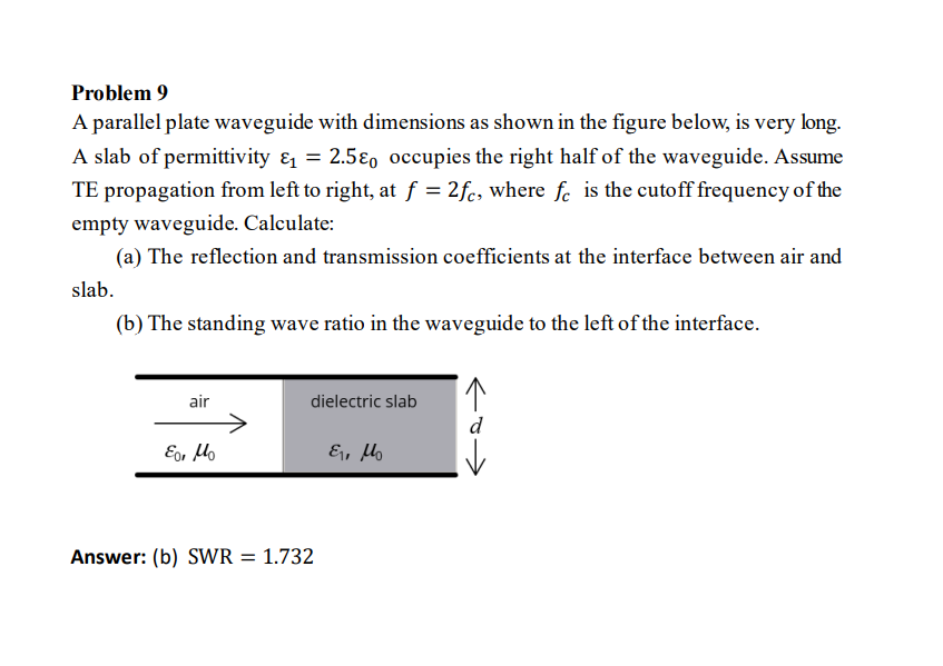 Problem 9 A Parallel Plate Waveguide With Dimensions As Shown In The Figure Below Is Very Long A Slab Of Permittivity 1