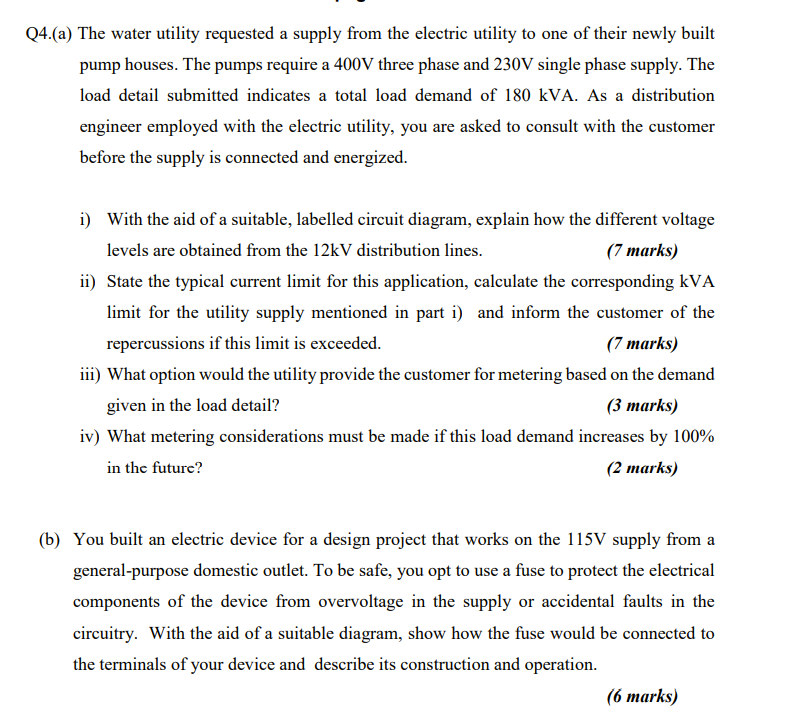 Q4 A The Water Utility Requested A Supply From The Electric Utility To One Of Their Newly Built Pump Houses The Pumps 1