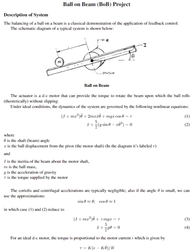 Ball On Beam Bob Project Description Of System The Balancing Of A Ball On A Beam Is A Classical Demonstration Of The A 1