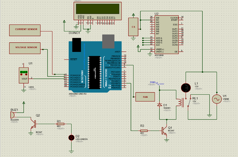 Current Sensor Voltage Sensor U1 Buz1 Buzzer Text 27 0 Vout 3 Lm35 21 Text Q2 Bc547 Text 40 Greeee A1 42 A3 A4 1