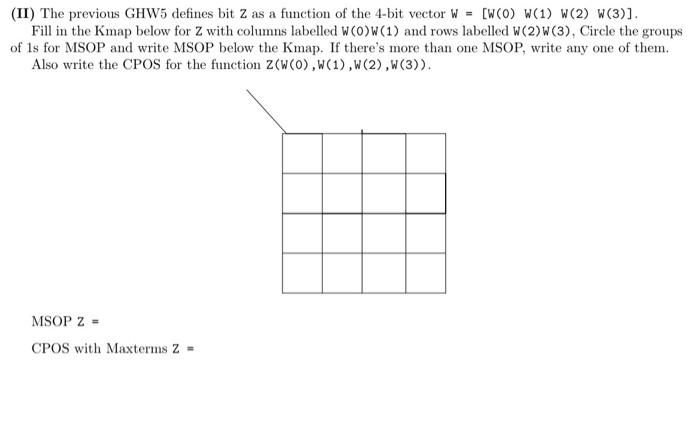 Ii The Previous Ghw5 Defines Bit Z As A Function Of The 4 Bit Vector W W 0 W 1 W 2 W 3 Fill In The Kmap Below 1