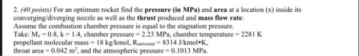 2 40 Points For An Optimum Rocket Find The Pressure In Mpa And Area At A Location X Inside Its Converging Divergi 1