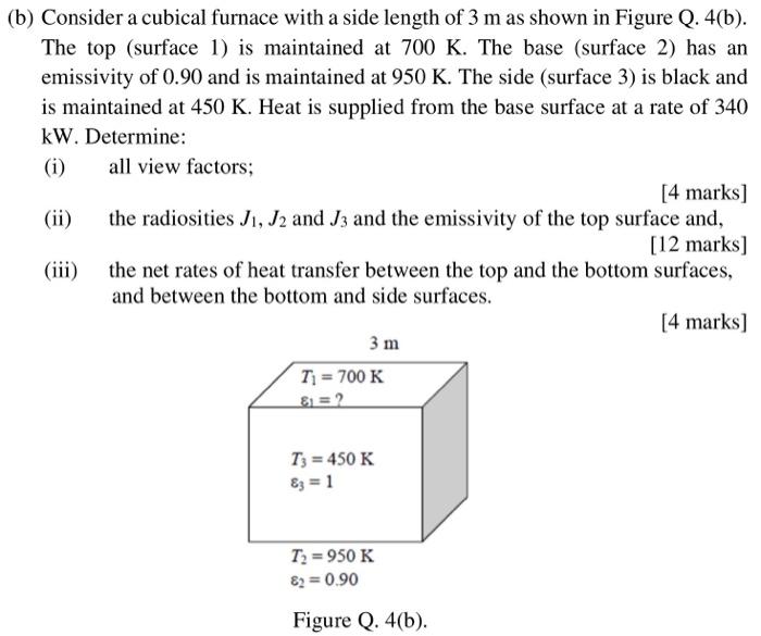 B Consider A Cubical Furnace With A Side Length Of 3 M As Shown In Figure Q 4 B The Top Surface 1 Is Maintained A 1