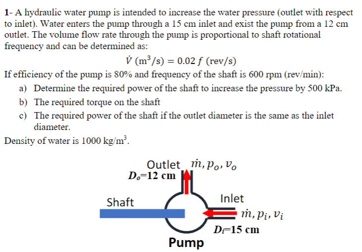 1 A Hydraulic Water Pump Is Intended To Increase The Water Pressure Outlet With Respect To Inlet Water Enters The Pu 1