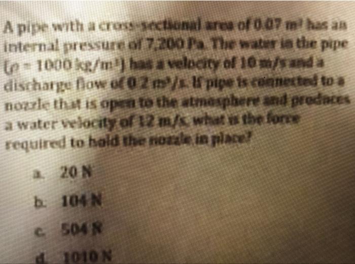 A Pipe With A Cross Sectional Area Of 0 07 M Has An Internal Pressure Of 7 200 Pa The Water In The Pipe P 1000 Kg M 1