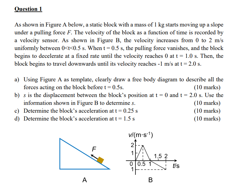Question 1 As Shown In Figure A Below A Static Block With A Mass Of 1 Kg Starts Moving Up A Slope Under A Pulling Force 1