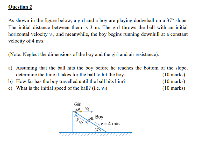 Question 2 As Shown In The Figure Below A Girl And A Boy Are Playing Dodgeball On A 37 Slope The Initial Distance Bet 1