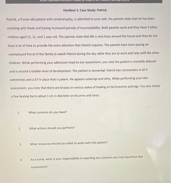 Crossroom Instructors De Jot Now Handout 1 Case Study Patrick Patrick A 9 Year Old Patient With Cerebral Palsy Is A 1