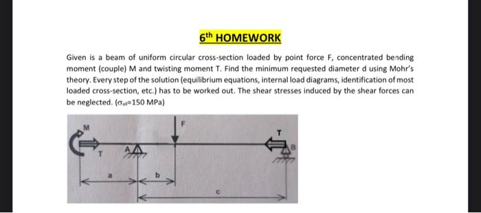 6th Homework Given Is A Beam Of Uniform Circular Cross Section Loaded By Point Force F Concentrated Bending Moment Cou 1