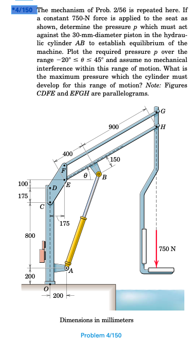 4 150 The Mechanism Of Prob 2 56 Is Repeated Here If A Constant 750 N Force Is Applied To The Seat As Shown Determin 1