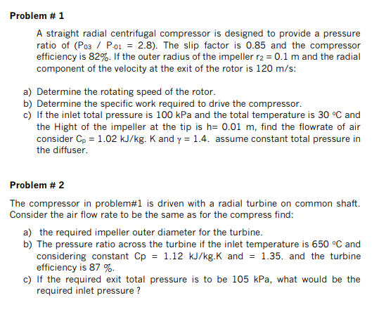 Problem 1 A Straight Radial Centrifugal Compressor Is Designed To Provide A Pressure Ratio Of P03 P 01 2 8 The 1