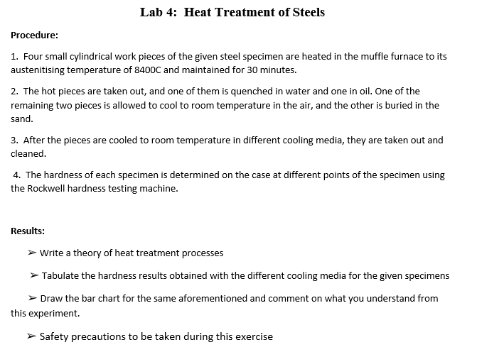 Lab 4 Heat Treatment Of Steels Procedure 1 Four Small Cylindrical Work Pieces Of The Given Steel Specimen Are Heated 1