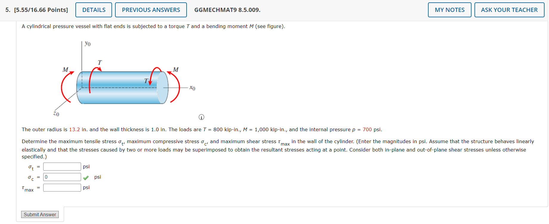 My Notes 5 5 55 16 66 Points Details Ggmechmat9 8 5 009 Ask Your Teacher Previous Answers A Cylindrical Pressure Ves 1
