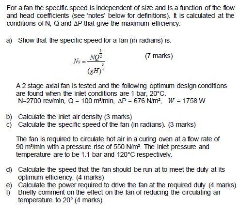 For A Fan The Specific Speed Is Independent Of Size And Is A Function Of The Flow And Head Coefficients See Notes Bel 1