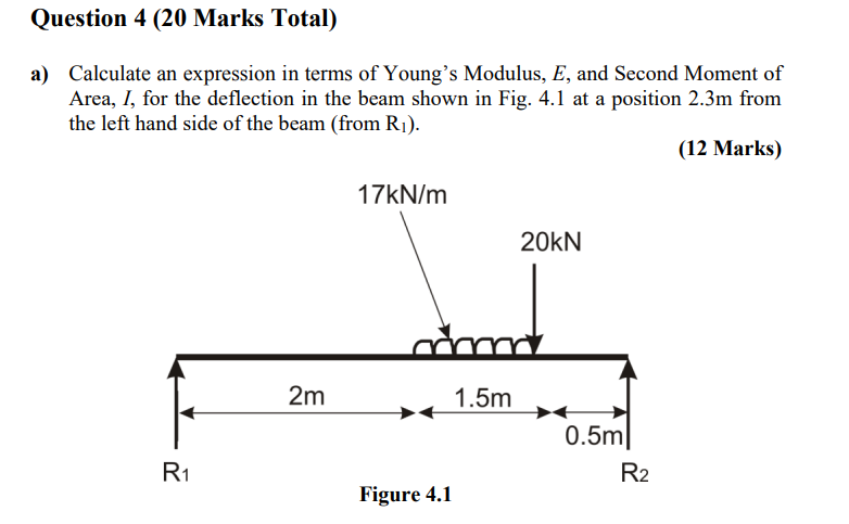Question 4 20 Marks Total A Calculate An Expression In Terms Of Young S Modulus E And Second Moment Of Area I For 1