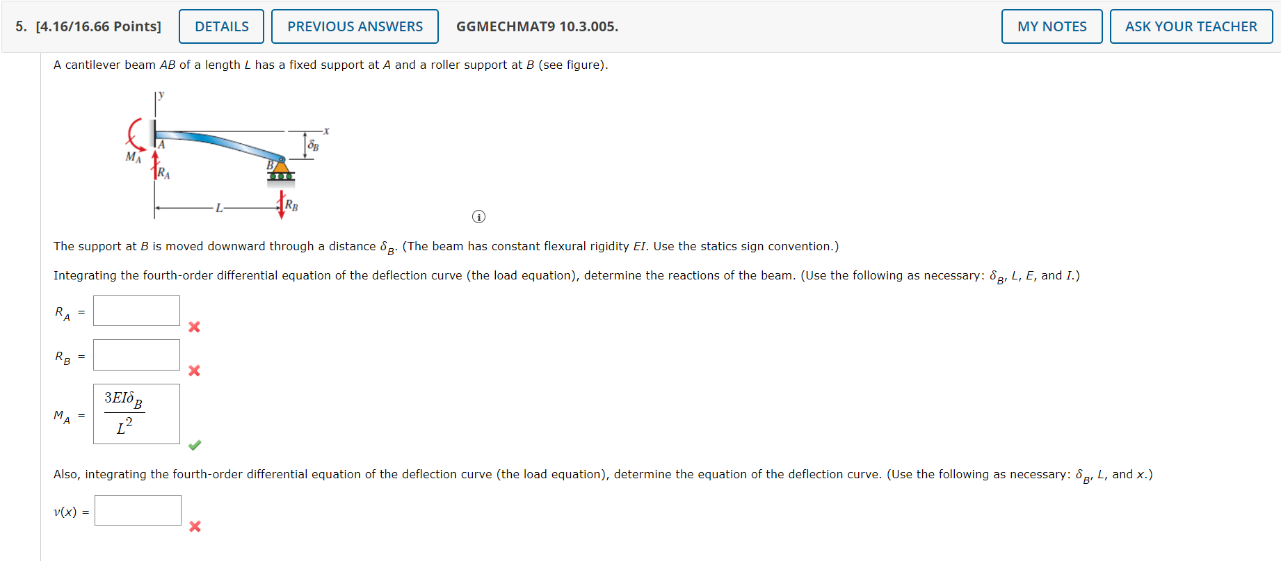 My Notes Previous Answers Ggmechmat9 10 3 005 5 4 16 16 66 Points Details A Cantilever Beam Ab Of A Length L Has A F 1