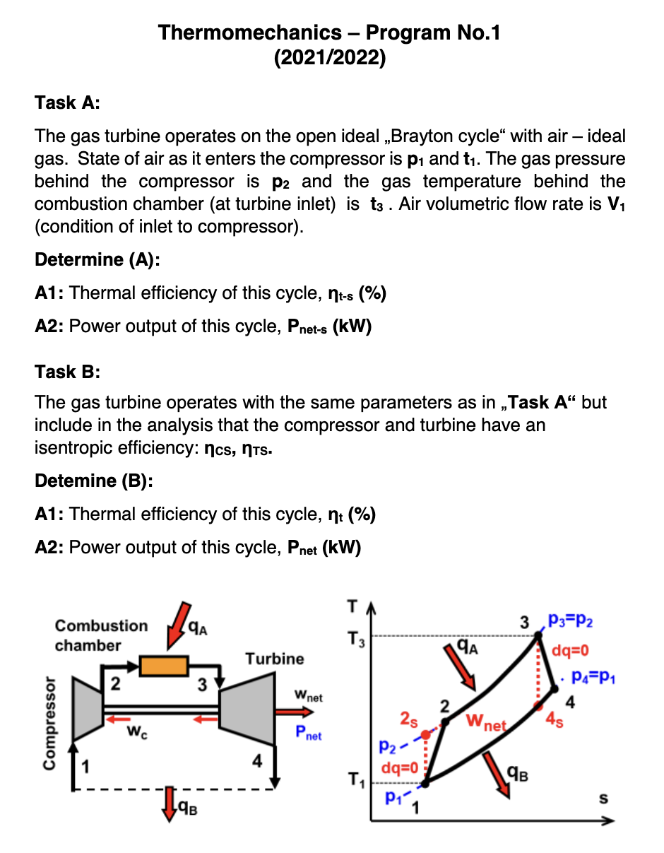 Thermomechanics Program No 1 2021 2022 Task A The Gas Turbine Operates On The Open Ideal Brayton Cycle With Air 1