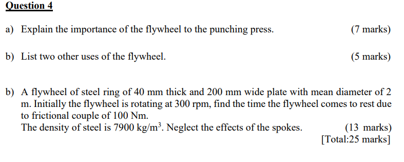 Question 4 A Explain The Importance Of The Flywheel To The Punching Press 7 Marks B List Two Other Uses Of The Flyw 1