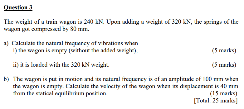 Question 3 The Weight Of A Train Wagon Is 240 Kn Upon Adding A Weight Of 320 Kn The Springs Of The Wagon Got Compresse 1