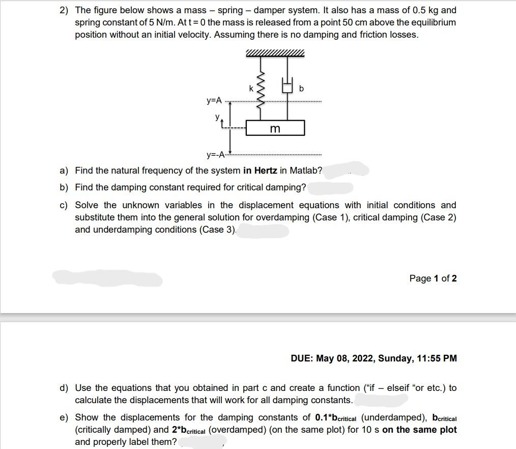 2 The Figure Below Shows A Mass Spring Damper System It Also Has A Mass Of 0 5 Kg And Spring Constant Of 5 N M At T 0 1