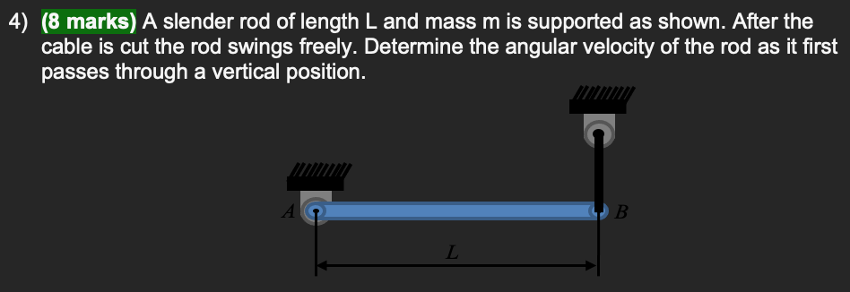4 8 Marks A Slender Rod Of Length L And Mass M Is Supported As Shown After The Cable Is Cut The Rod Swings Freely D 1