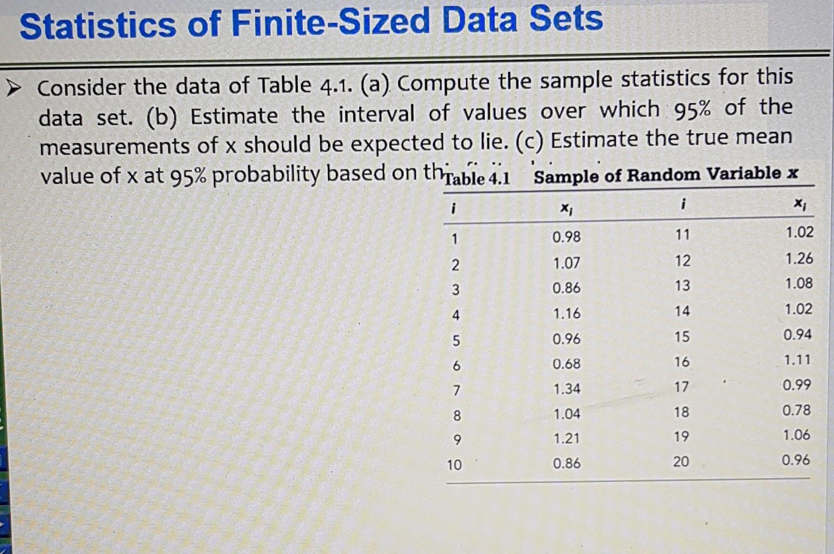 Statistics Of Finite Sized Data Sets Consider The Data Of Table 4 1 A Compute The Sample Statistics For This Data S 1