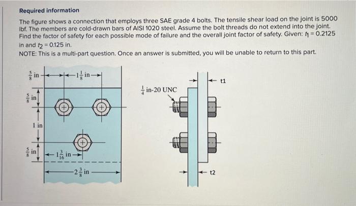 Required Information The Figure Shows A Connection That Employs Three Sae Grade 4 Bolts The Tensile Shear Load On The J 1