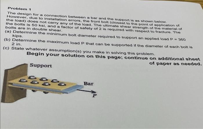 Problem 1 The Design For A Connection Between A Bar And The Support Is As Shown Below However Due To Installation Erro 1
