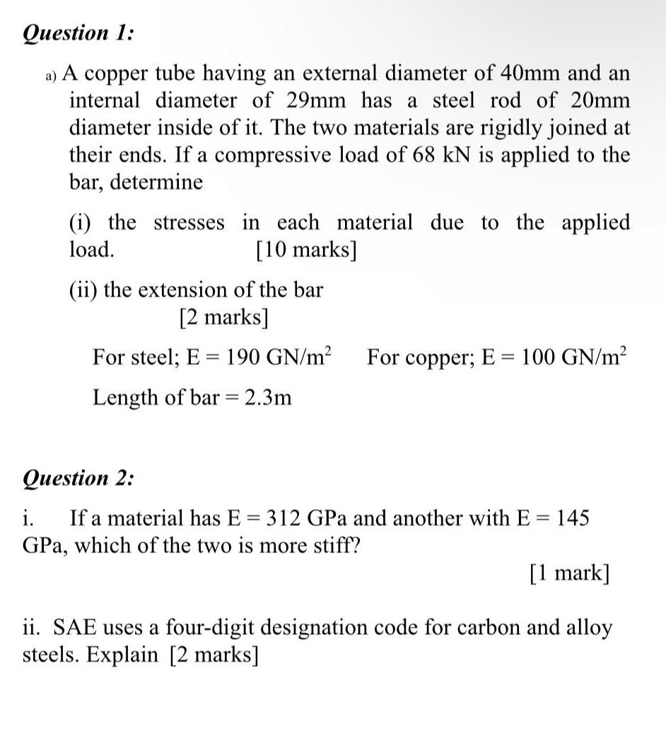 Question 1 A A Copper Tube Having An External Diameter Of 40mm And An Internal Diameter Of 29mm Has A Steel Rod Of 20m 1