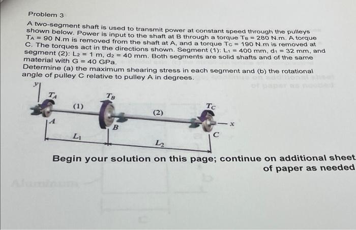 Problem 3 A Two Segment Shaft Is Used To Transmit Power At Constant Speed Through The Pulleys Shown Below Power Is Inpu 1