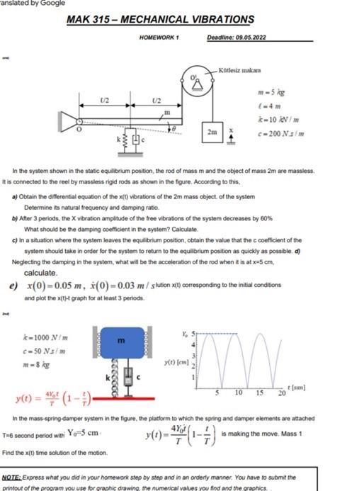 Anslated By Google M 5 Kg M K 10 Kn M C 200 N S M In The System Shown In The Static Equilibrium Position The Rod Of Ma 1