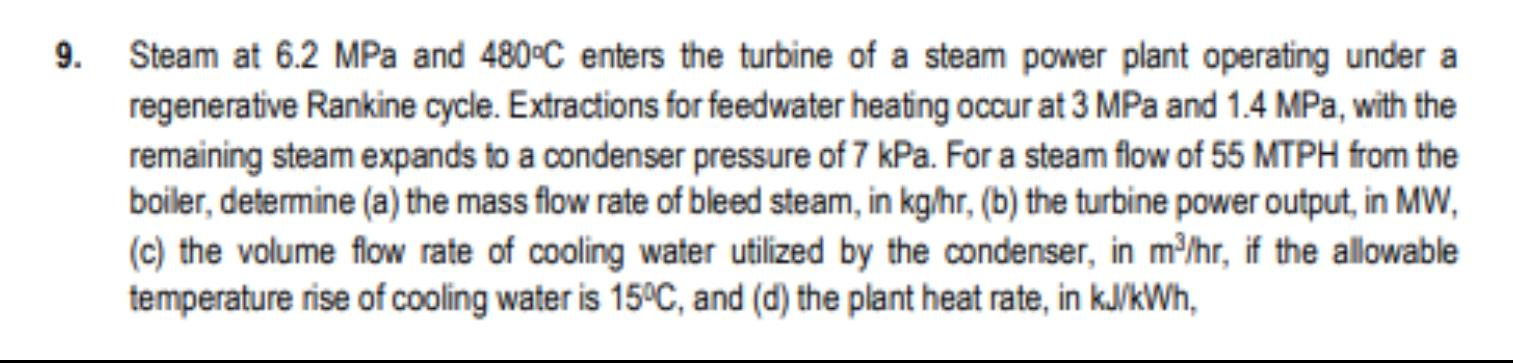 9 Steam At 6 2 Mpa And 480 C Enters The Turbine Of A Steam Power Plant Operating Under A Regenerative Rankine Cycle Ex 1