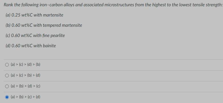 Rank The Following Iron Carbon Alloys And Associated Microstructures From The Highest To The Lowest Tensile Strength A 1