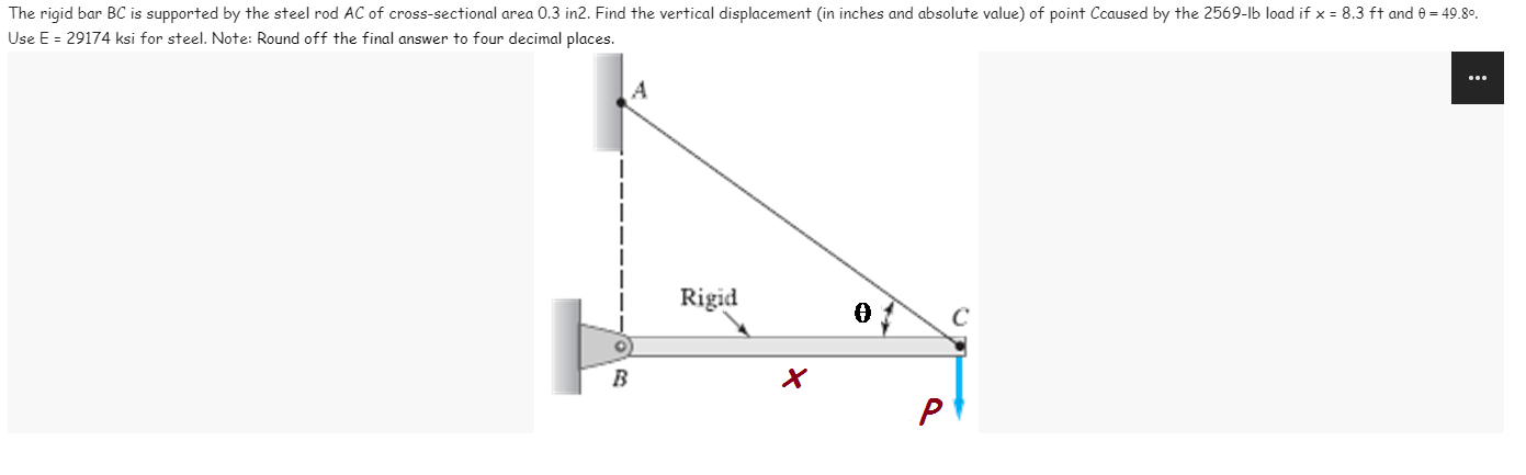 The Rigid Bar Bc Is Supported By The Steel Rod Ac Of Cross Sectional Area 0 3 In2 Find The Vertical Displacement In In 1