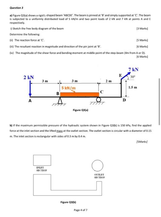 Question 3 A Figure Q3 A Shows A Rigid L Shaped Beam Abcde The Beam Is Pinned At B And Simply Supported At C T 1