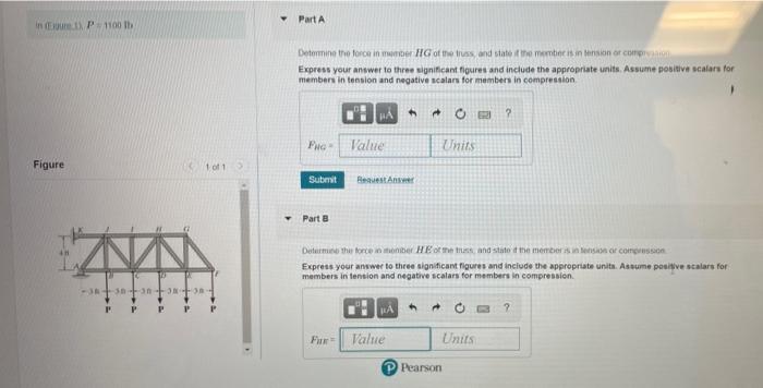 In Egure 1 P1100 Tb Figure 384 38 30 38 P P 10013 Part A Determine The Force In Member Hg Of The Truss And State If 1