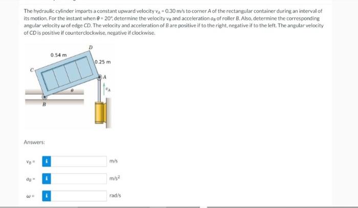 The Hydraulic Cylinder Imparts A Constant Upward Velocity Va 0 30 M S To Corner A Of The Rectangular Container During 1