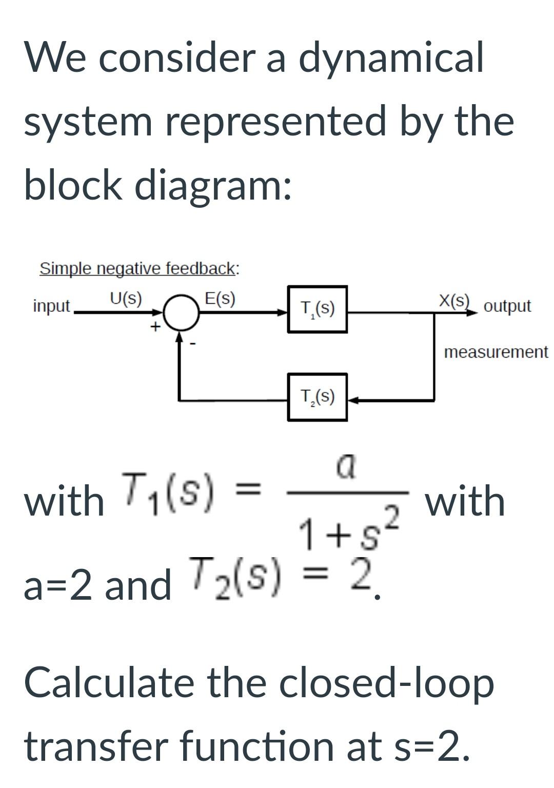 We Consider A Dynamical System Represented By The Block Diagram Simple Negative Feedback U S E S Input X S Output T 1