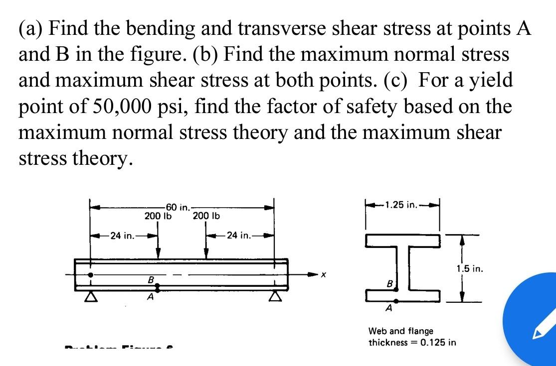 A Find The Bending And Transverse Shear Stress At Points A And B In The Figure B Find The Maximum Normal Stress And 1