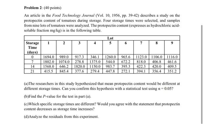 Problem 2 40 Points An Article In The Food Technology Journal Vol 10 1956 Pp 39 42 Describes A Study On The Pro 1