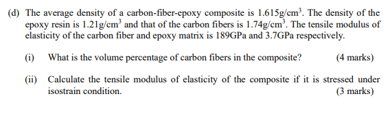 D The Average Density Of A Carbon Fiber Epoxy Composite Is 1 615g Cm The Density Of The Epoxy Resin Is 1 21g Cm And 1