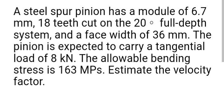 A Steel Spur Pinion Has A Module Of 6 7 Mm 18 Teeth Cut On The 20 Full Depth System And A Face Width Of 36 Mm The Pin 1