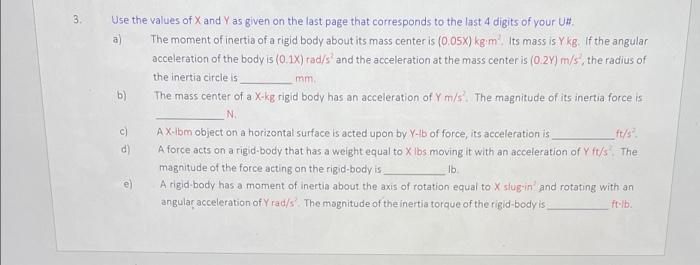 3 Use The Values Of X And Y As Given On The Last Page That Corresponds To The Last 4 Digits Of Your U A The Moment O 1